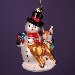Елочная игрушка Снеговик Дин с Олененком 14 см, стекло, подарочная коробка