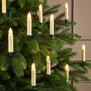 Свечи на елку Accogliente 11 см, 15 шт, теплые белые/разноцветные LED лампы, на клипсе, пульт управления, на батарейках, IP20