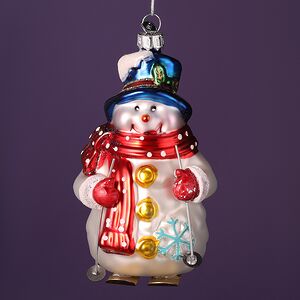 Елочная игрушка Снеговик в красном шарфике 12 см в подарочной коробке, стекло