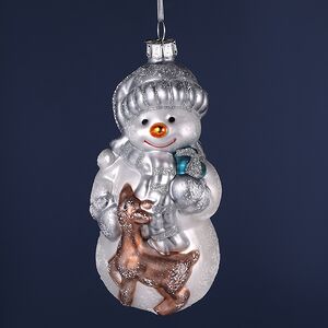 Елочная игрушка Снеговичок с Олененком 14 см в подарочной коробке, стекло