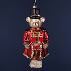 Елочная игрушка Мишка Гвардеец с барабаном 21 см, стекло, подарочная коробка